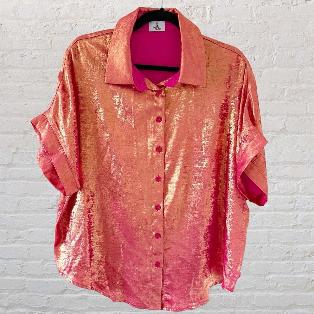 Womens Glam Foil Metallic Shimmer Copper Rose Bronze Shirt Top Blouse Women's 1X